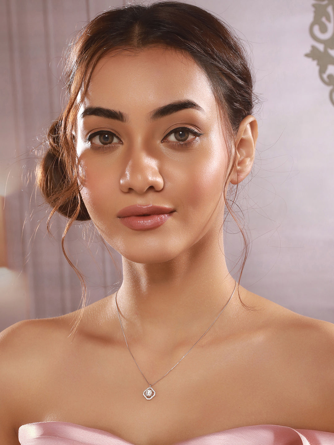 925 Sterling Silver Zircon Square  Halo Solitaire Minimal Pendant Necklace & Chain